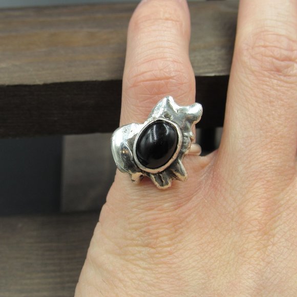 Size 6 Sterling Silver Abstract Design Black Stone Band Ring Vintage - Picture 4 of 8